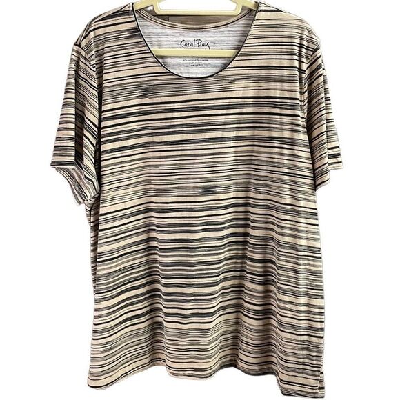 Coral Bay Women’s Plus Size 2X Scoop Neck Casual Striped Top Black Tan - Picture 1 of 5